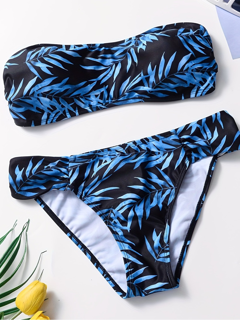 NWOT Blue & Black Palm Print
Bandeau Bikini Set